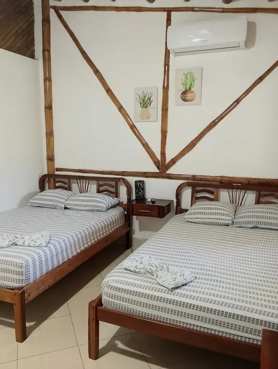 Dos camas de dos plazas con ropa de cama gris a rayas, aire acondicionado, pared con marco de bambú en X y cuadros de plantas