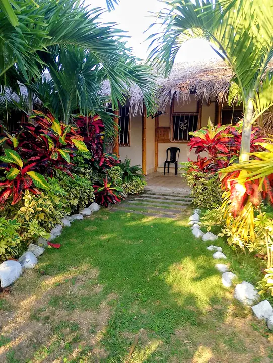 Exterior de la cabaña con techo de paja, jardín con plantas tropicales rojas y palmeras, césped y sendero bordeado de piedras