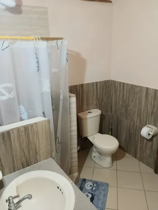 Baño privado con inodoro, ducha con cortina blanca, lavabo y paredes con baldosas que imitan madera