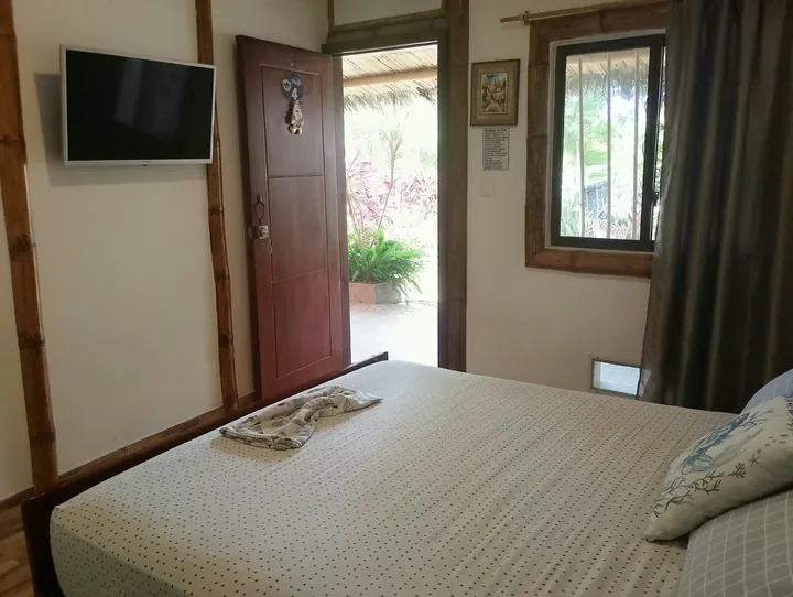 Cama de la habitación Queen con televisor en la pared y la puerta de madera abierta hacia el jardín